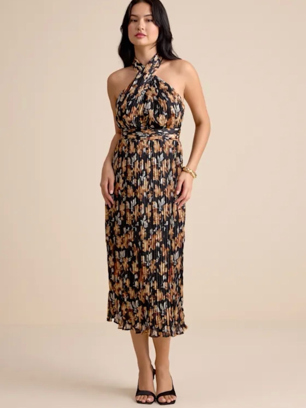 Lulu's Black Floral Halter Pleated Midi Dress in
